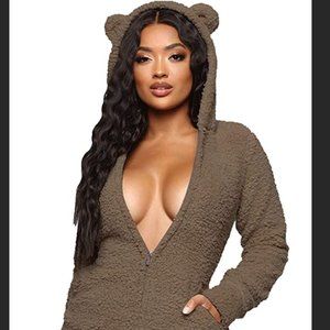 Womens Bear Onesise Sleepwear Cute Fuzzy Warm Sherpa Fleece Hooded Romper
